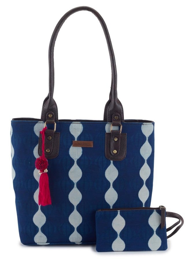 NEPRI Office Pouch Tote Bag | Stylish Set of 2 Tote Bags for Women| Vegan Leather & Handblock Printed Fabric Handbag with Double Handle Shoulder Strap| Daily & Travel Use | WPT-006-19 - Image 1